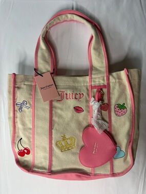 Juicy Couture Cream Canvas Tote with Pink Trim and Heart Charm | NWT